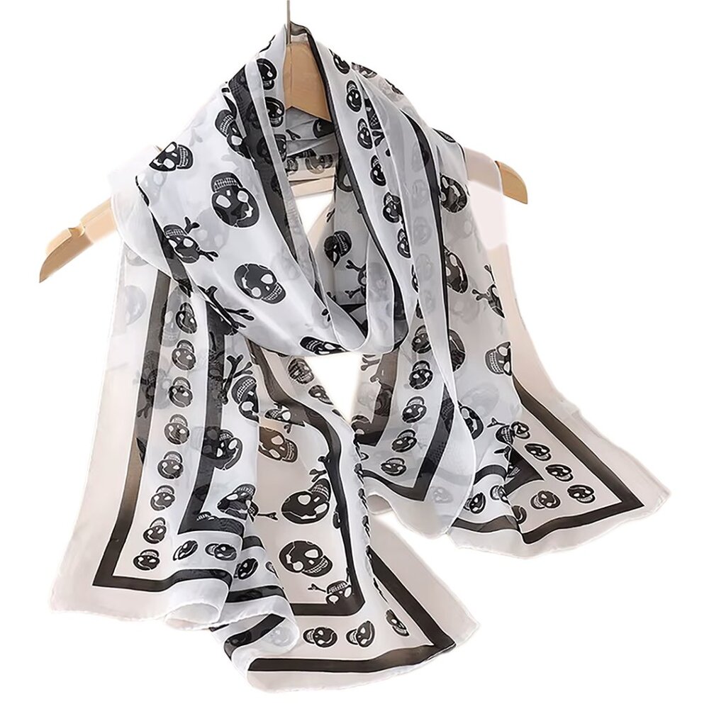 NEW Soft Silky Poly Chiffon B/W Long Scarf w/Skull & Stripe Border 19” W x 59"L